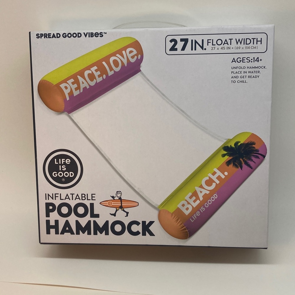 LIFE IS GOOD PEACE LOVE BEACH 27” FLOAT WIDTH POOL HAMMOCK INFLATABLE AGES 14+